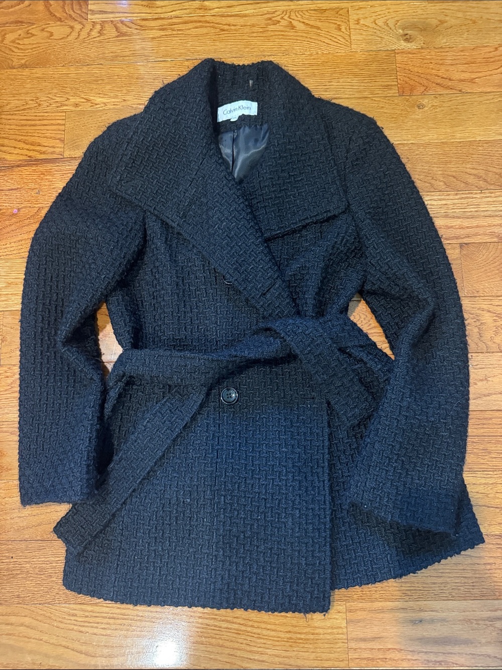 Calvin Klein Black Textured Belted Pea Coat